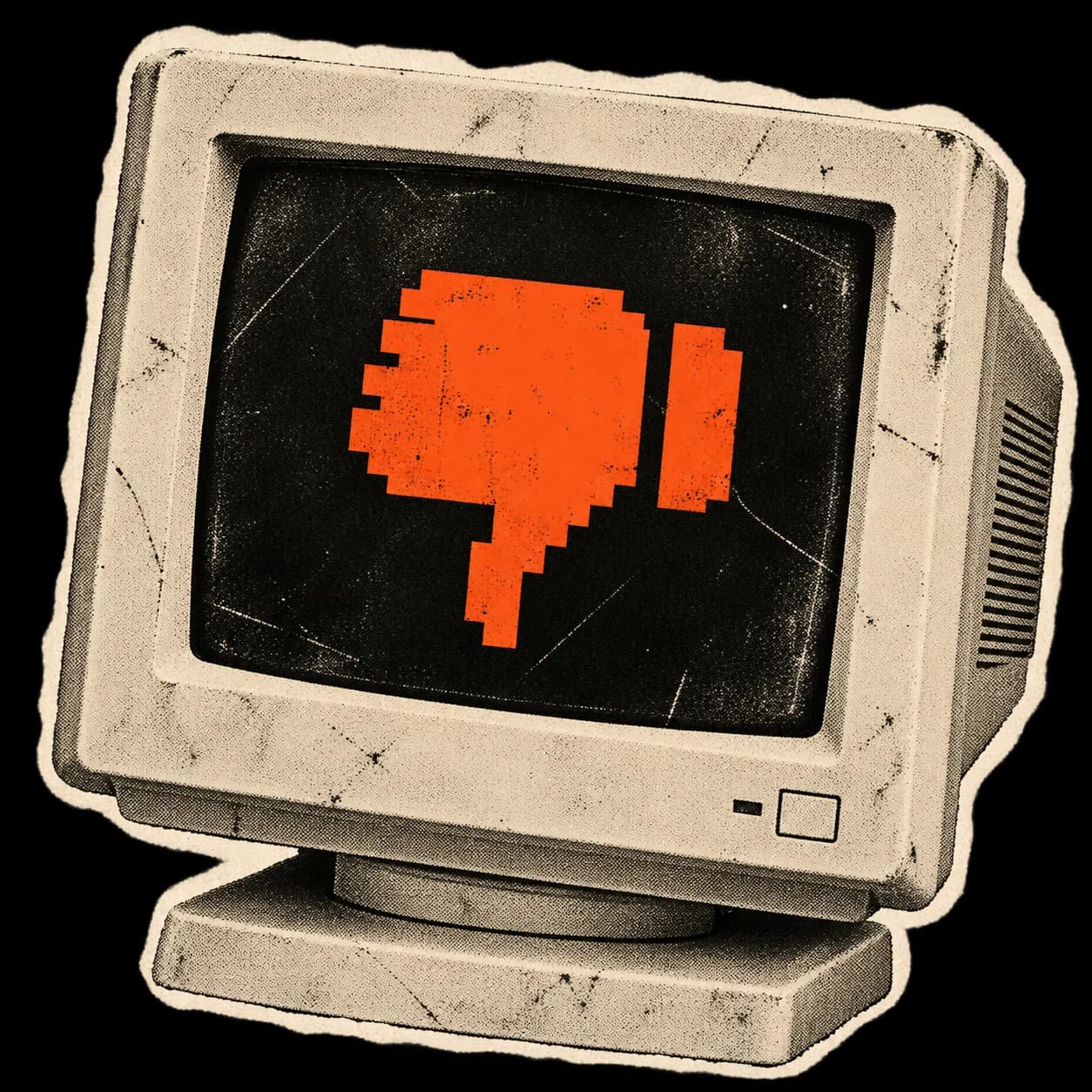 Paper-collage CRT monitor with an orange thumb